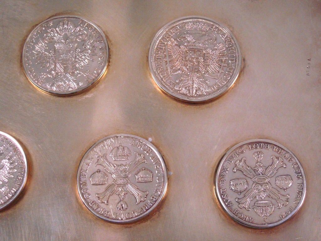 An Unusual European  Silver Gilt Tray Inset with Antique Coins 4