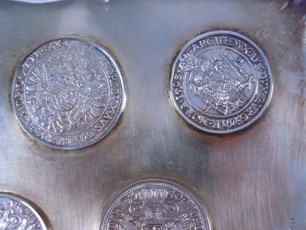 An Unusual European  Silver Gilt Tray Inset with Antique Coins 5
