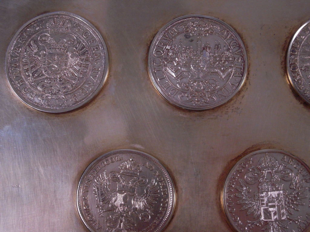 An Unusual European  Silver Gilt Tray Inset with Antique Coins 7