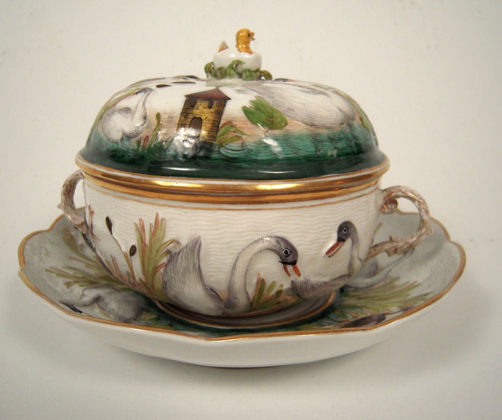 Whimsical Italian Porcelain Swan Covered Cup with Under plate