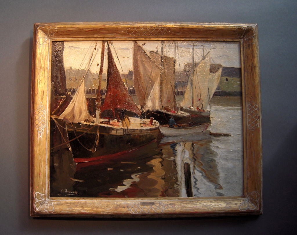 ANTHONY THIEME  (1888-1954)<br />
<br />
“IN DOCK”<br />
circa 1925-1935<br />
<br />
Oil on canvas of fishing boats at port, most likely Gloucester, Massachusetts<br />
Signed lower left corner<br />
<br />
In a period hand carved gilt wood