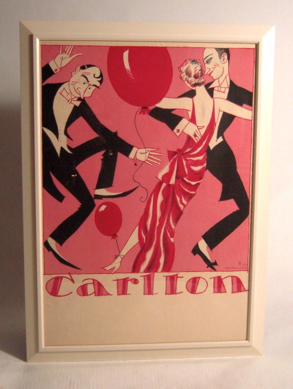 A vibrant, original and rare 1924 Swiss stone lithograph poster for a dinner dance at the luxurious Carlton Restaurant at the Hotel Bellevue au Lac, Zurich, depicting elegant, balloon-festooned dancers in beautifully preserved tones of pink, cream