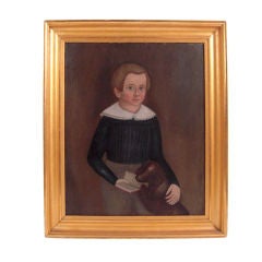 19th C American Portrait Painting of Boy with His Dog and Book