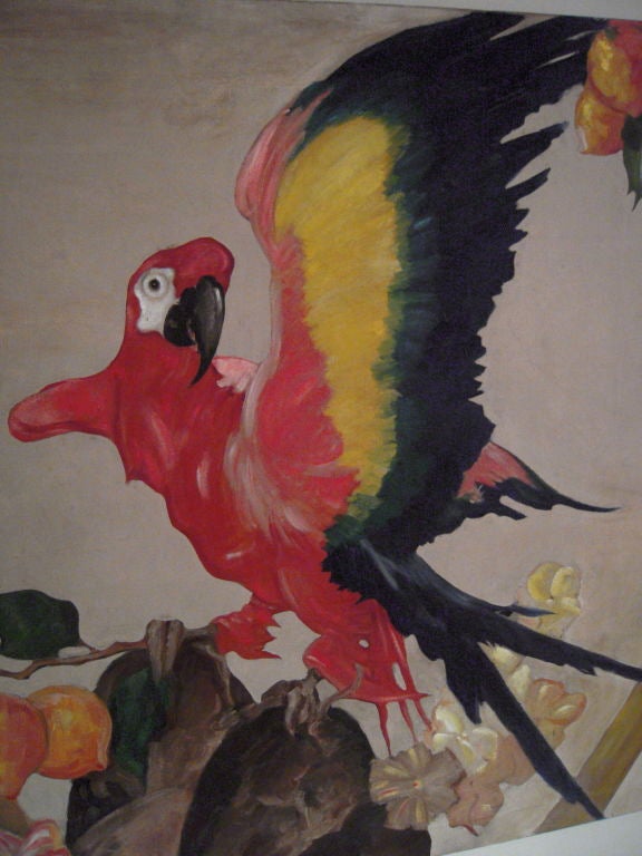 A striking, large decorative oil and gouache on canvas painting, c. 1920s-30s, of a scarlet macaw parrot perched on a rock amid lemon tree branches, hibiscus flowers and bamboo.

Biographical information on the artist:

Winthrop Stark Davis was