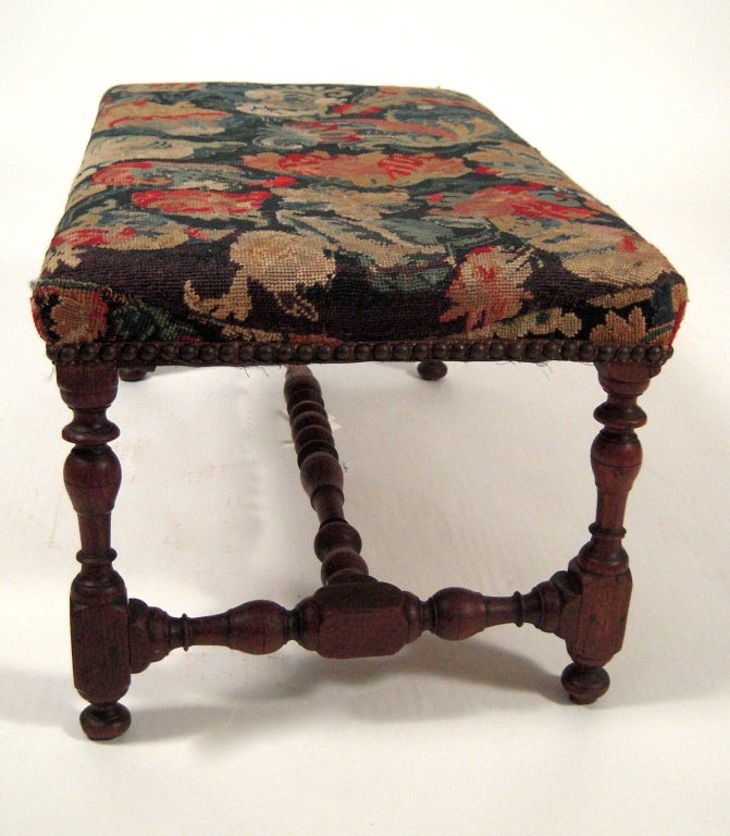 Carved Jacobean Style Foot Stool or Bench with Needlepoint Upholstery