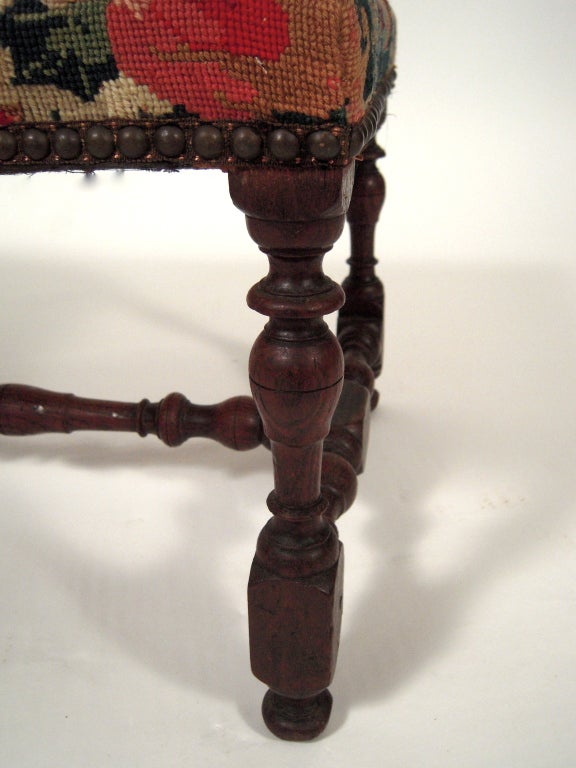 Wood Jacobean Style Foot Stool or Bench with Needlepoint Upholstery