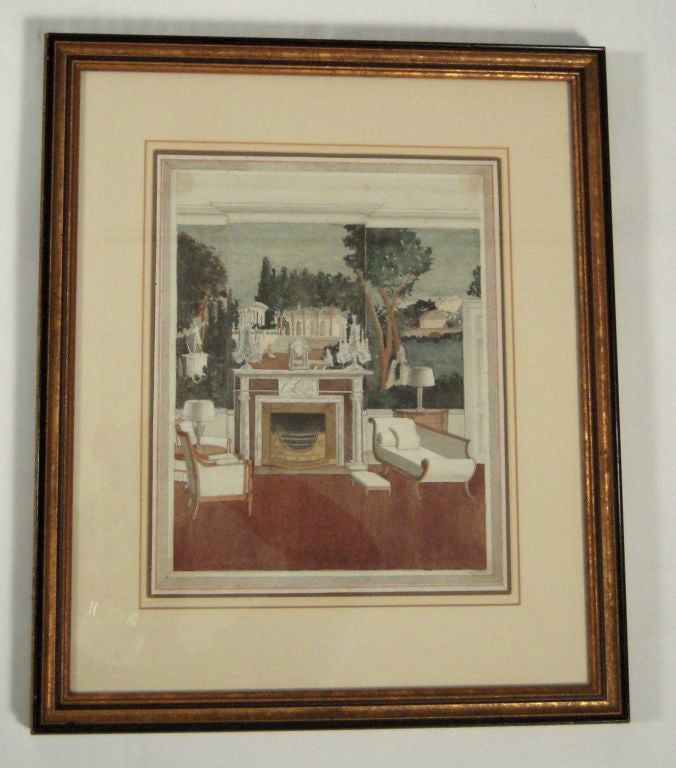 20th Century Watercolor Rendering of a Neoclassical Interior