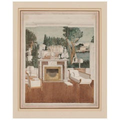 Antique Watercolor Rendering of a Neoclassical Interior