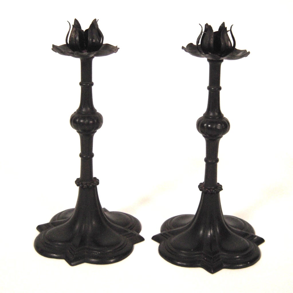 Pair of 19th Century Iron Gothic Revival Candlesticks 2