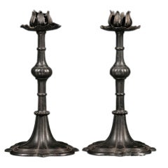 Antique Pair of 19th Century Iron Gothic Revival Candlesticks