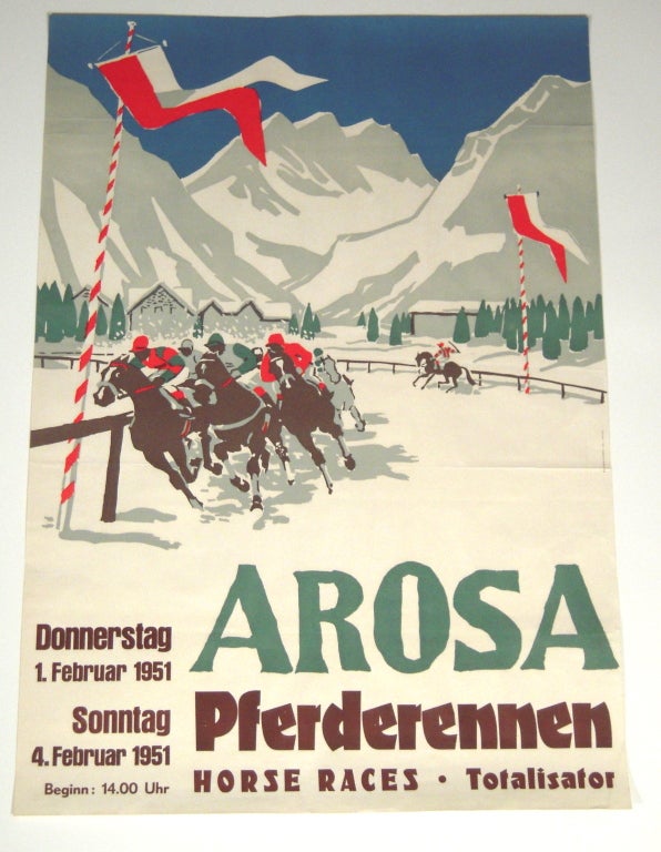 A striking vintage Swiss lithograph travel poster depicting a horse race (and polo match) in the snow at the alpine resort of Arosa, Switzerland.