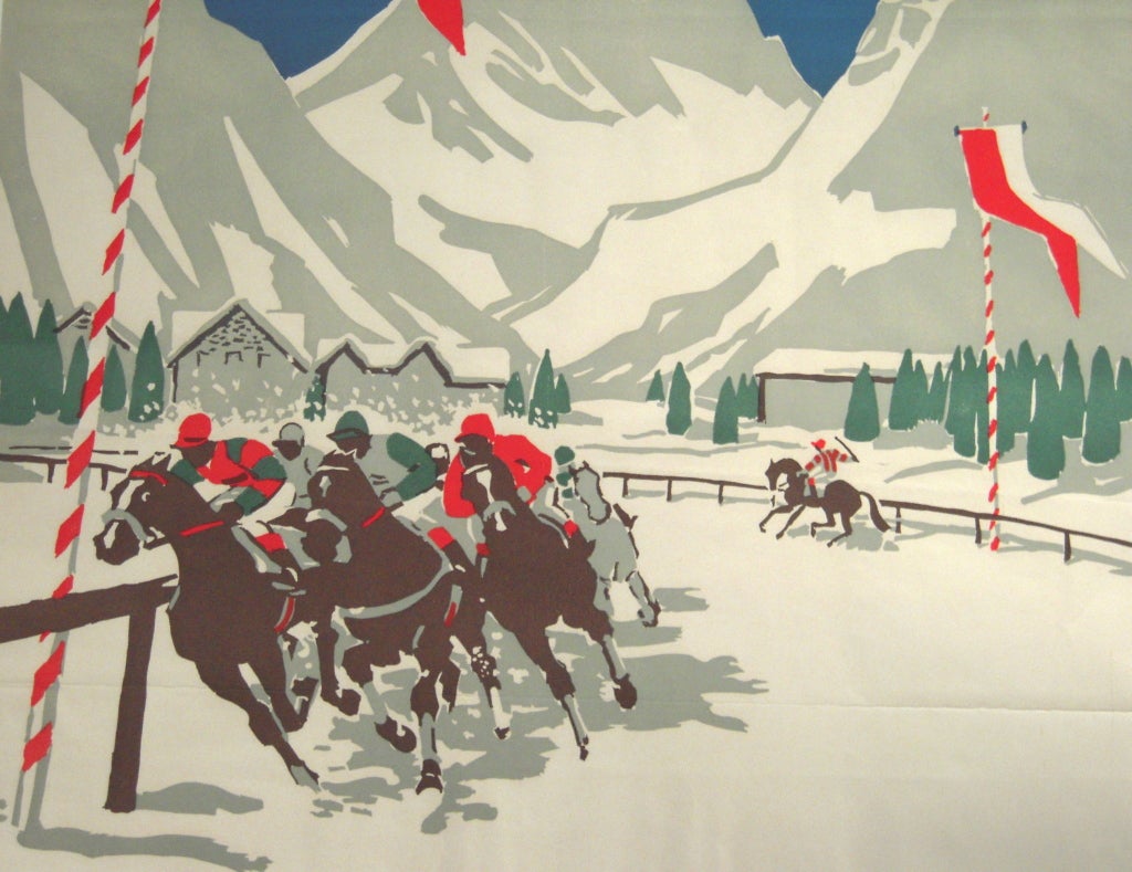 Mid-20th Century Vintage Swiss Equestrian Winter Horse Race Poster