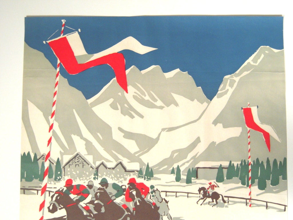 Lithograph Vintage Swiss Equestrian Winter Horse Race Poster