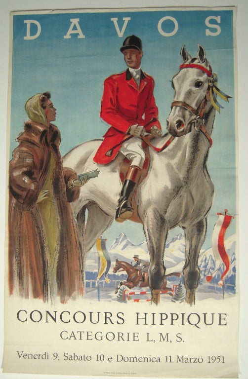 A stylish, vintage Swiss equestrian competition poster from Davos, circa 1951, depicting a chic alpine holiday making woman in conversation with a dapper red coated rider on a white horse. In the background, festive pennants fly and a horse and