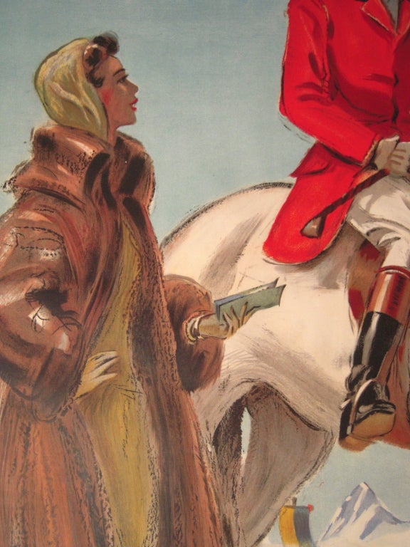 Mid-20th Century Stylish Vintage Swiss Equestrian Poster Davos 1951