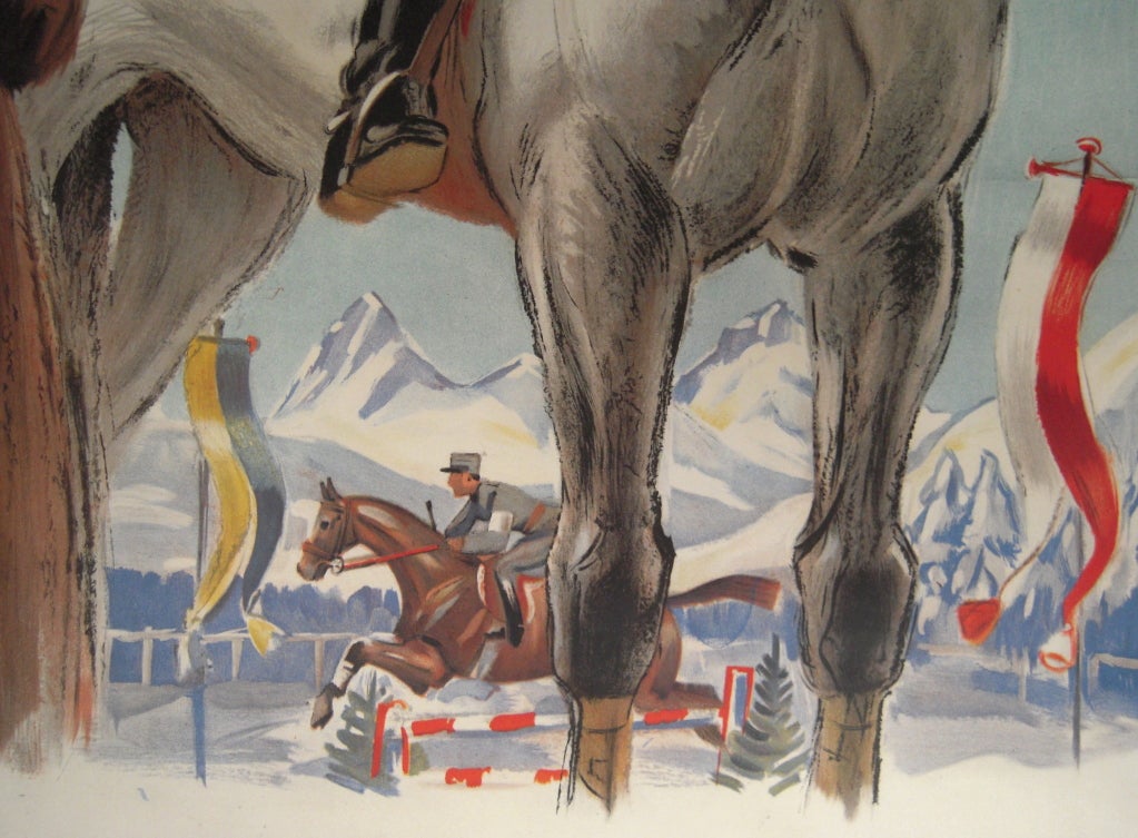 Lithograph Stylish Vintage Swiss Equestrian Poster Davos 1951