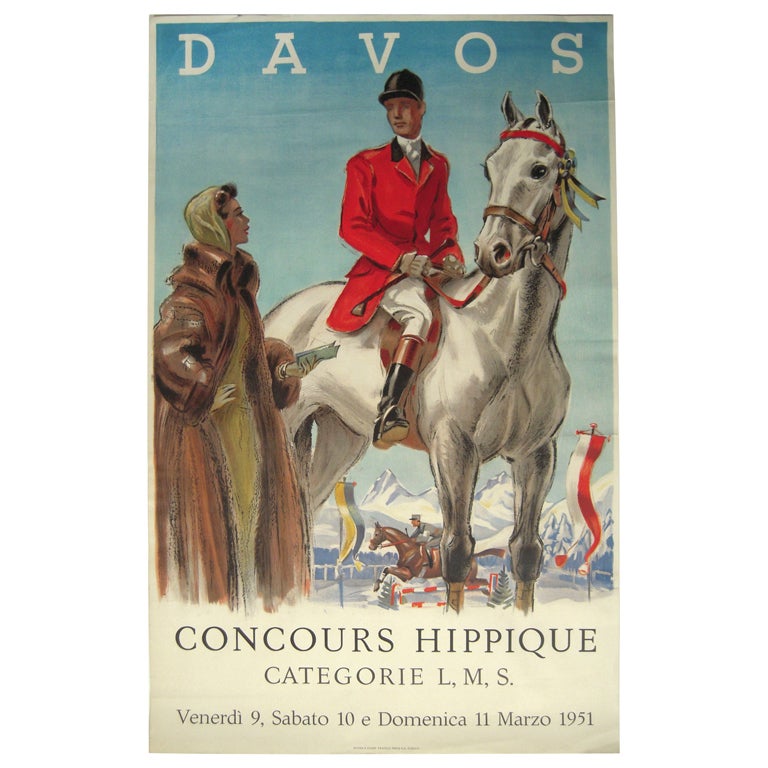 Stylish Vintage Swiss Equestrian Poster Davos 1951