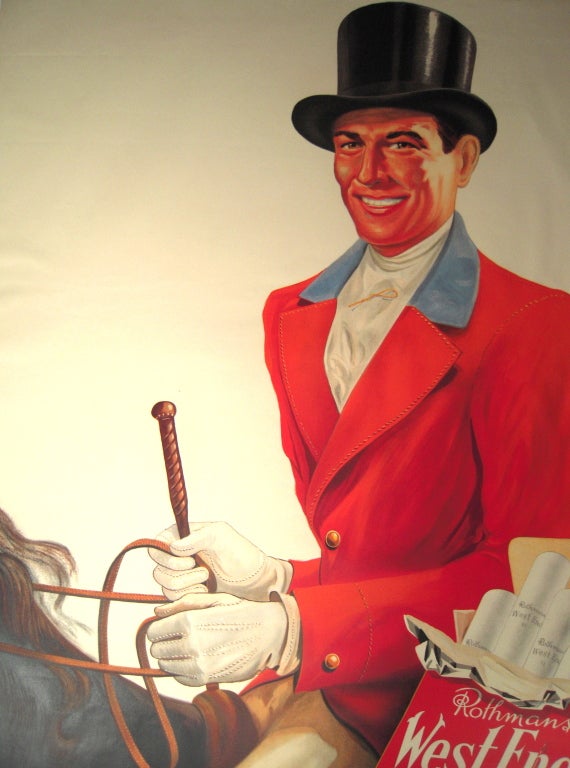 A pair of large  vintage stylish equestrian advertising posters featuring a spiffy male rider in red coat and top hat and an elegant female rider with yellow jacket and derby. Brilliant, rich colors.