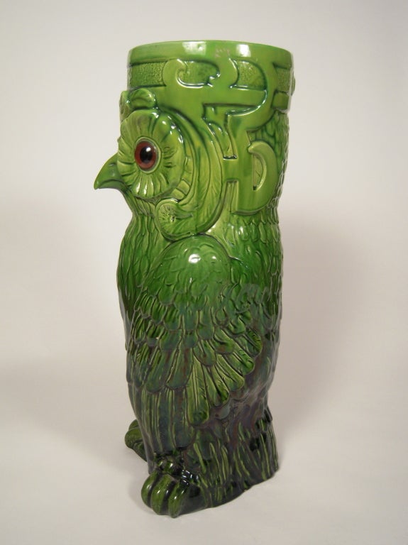 Glass A Charming  English Owl  Majolica Umbrella Stand, circa 1895