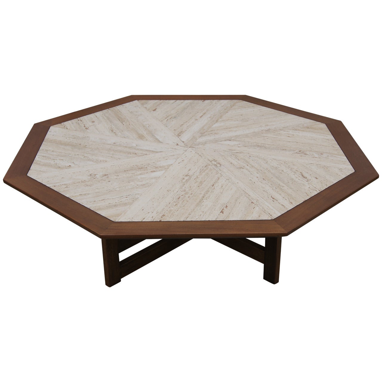 Walnut and Travertine Octagonal Coffee Table by Harvey Probber