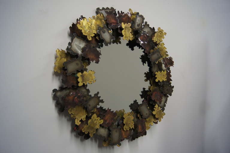 American Brutalist Patinated Metal Wall Mirror in the Style of Seandel or Jeré For Sale