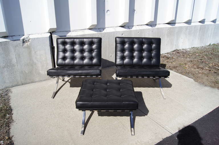 American Pair of Barcelona Chairs with Ottoman by Mies Van Der Rohe for Knoll
