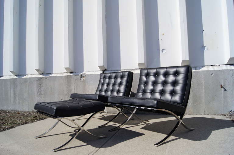 20th Century Pair of Barcelona Chairs with Ottoman by Mies Van Der Rohe for Knoll