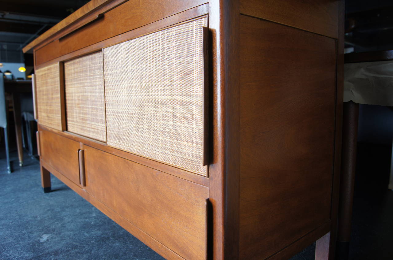 Leather Large Sideboard with Rattan Front by Edward Wormley for Dunbar