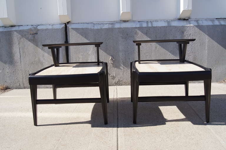 Mid-Century Modern Pair of Tiered Travertine and Ebonized Wood Side Tables after Bertha Schaefer For Sale