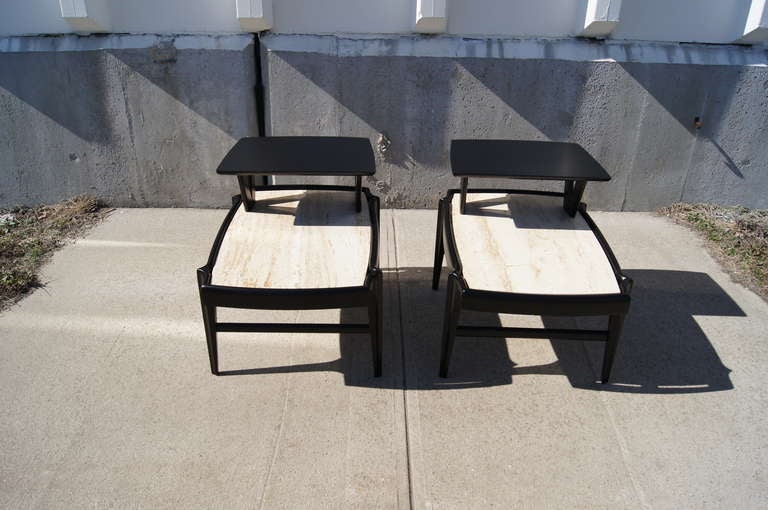 American Pair of Tiered Travertine and Ebonized Wood Side Tables after Bertha Schaefer For Sale