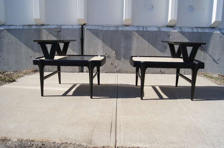 Pair of Tiered Travertine and Ebonized Wood Side Tables after Bertha Schaefer In Good Condition For Sale In Dorchester, MA