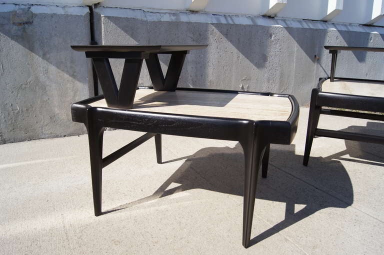 Mid-20th Century Pair of Tiered Travertine and Ebonized Wood Side Tables after Bertha Schaefer For Sale