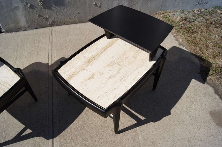 Pair of Tiered Travertine and Ebonized Wood Side Tables after Bertha Schaefer For Sale 1