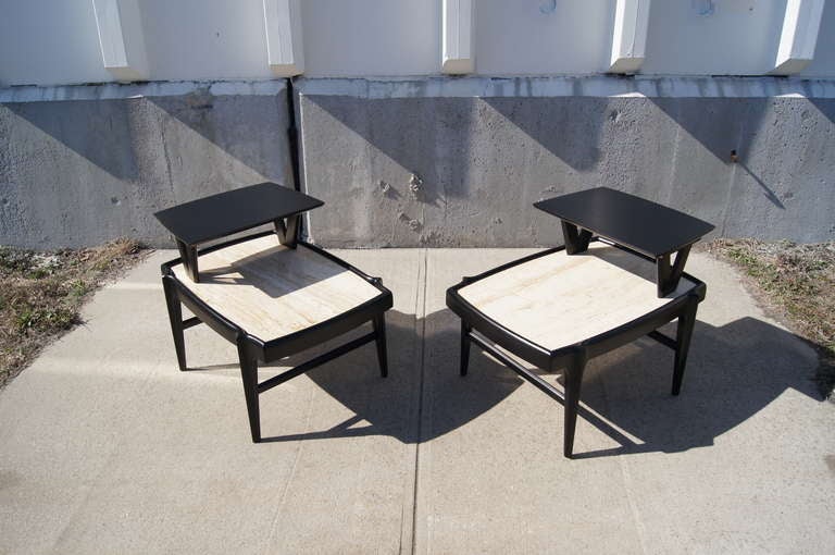 Pair of Tiered Travertine and Ebonized Wood Side Tables after Bertha Schaefer For Sale 2