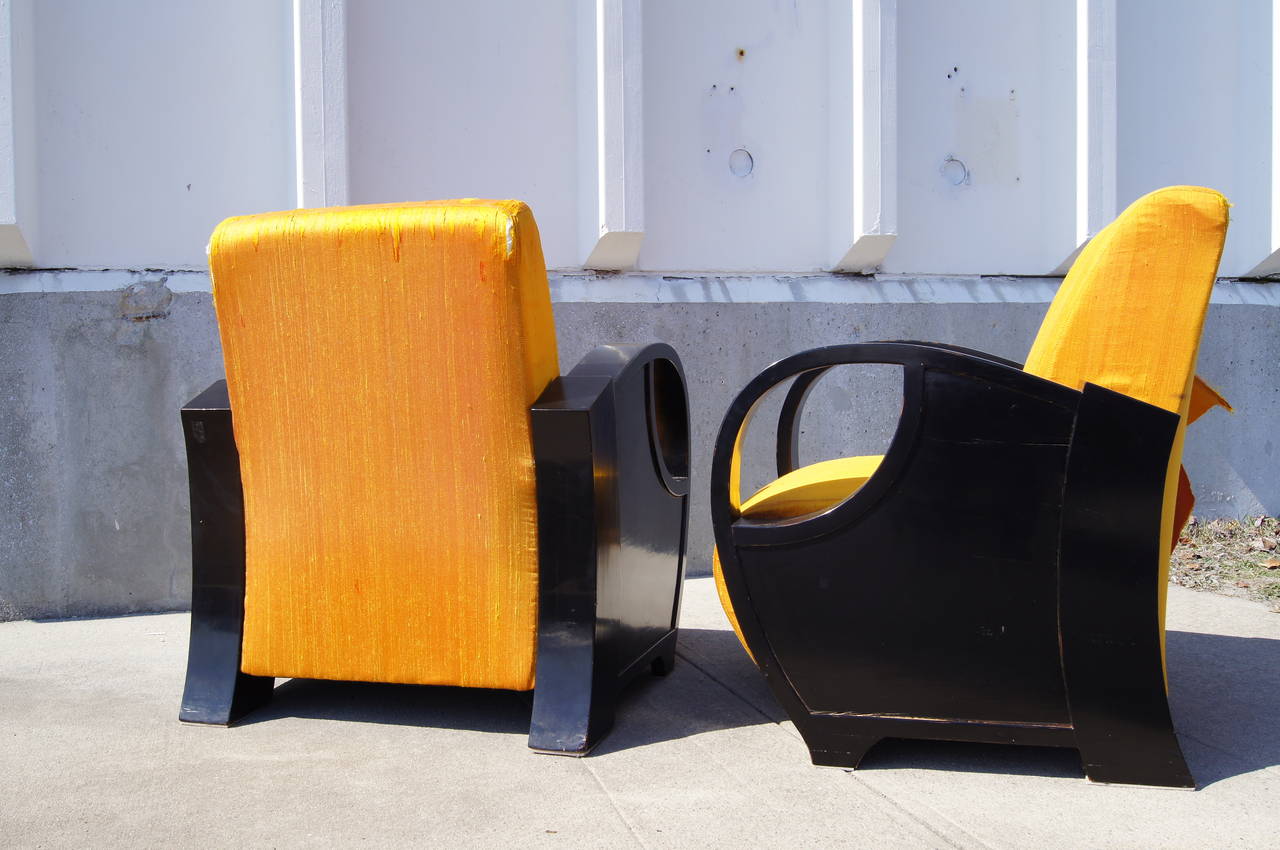 Upholstery Pair of 1930s Ebonized Art Deco Club Chairs For Sale