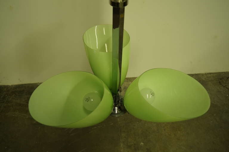 Chrome Mid-century Italian Pendant Lamp with Green Glass Shades For Sale