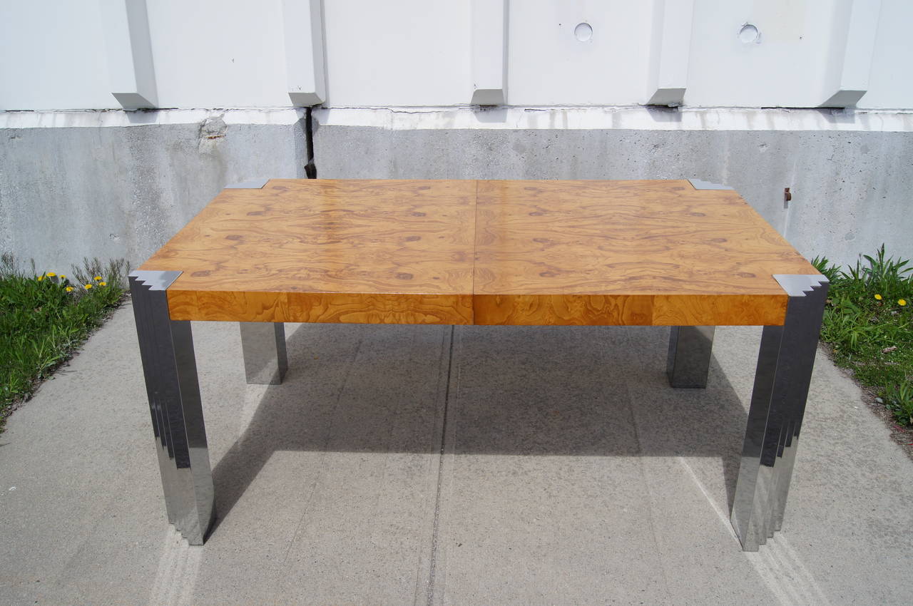 Hollywood Regency Burl Wood and Chrome Deco Style Dining Table