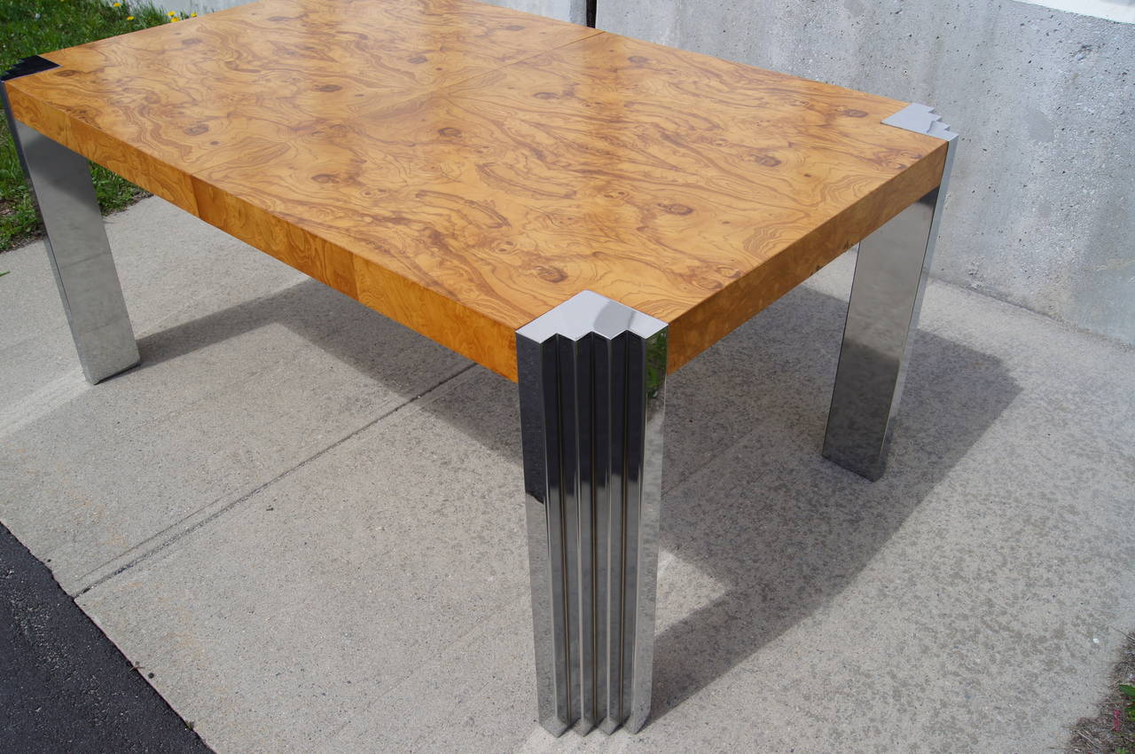 American Burl Wood and Chrome Deco Style Dining Table