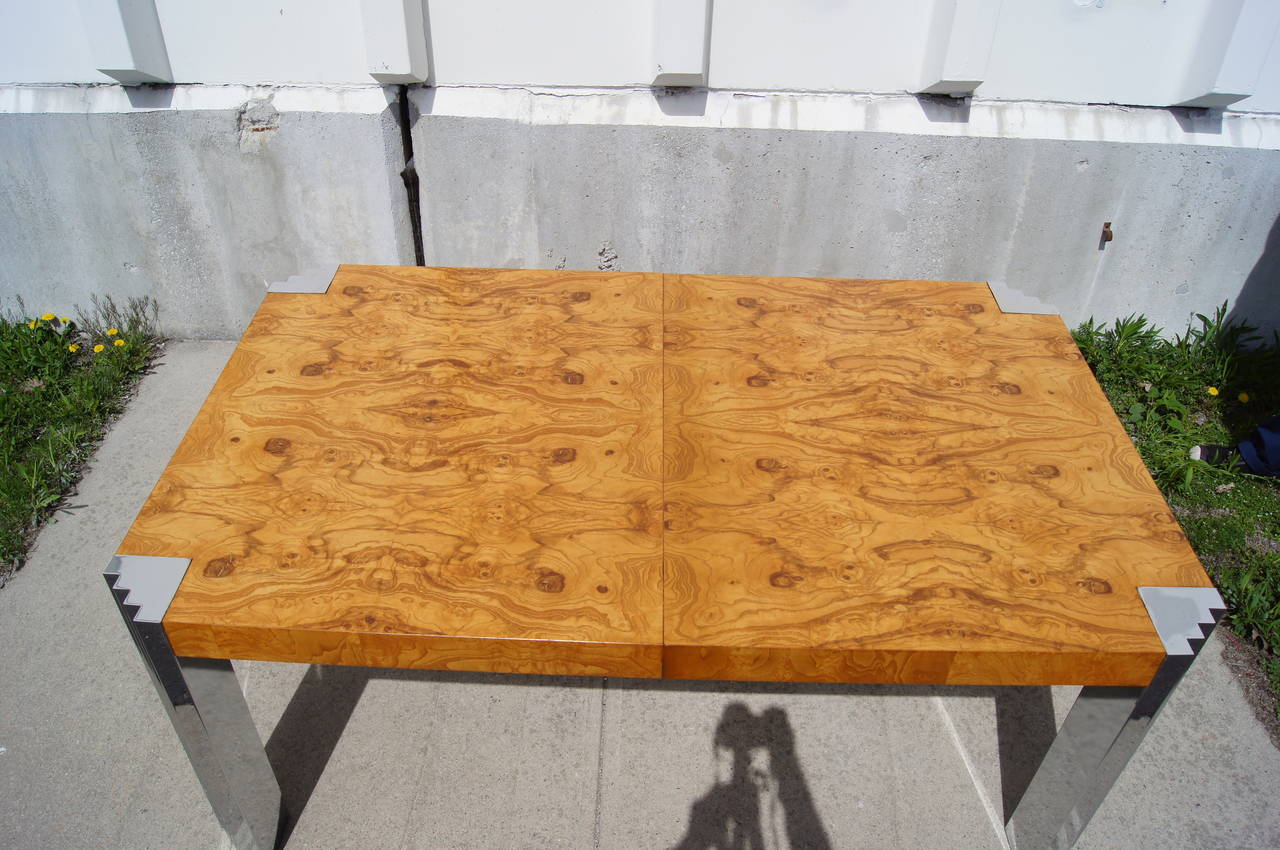 Burl Wood and Chrome Deco Style Dining Table In Good Condition In Dorchester, MA