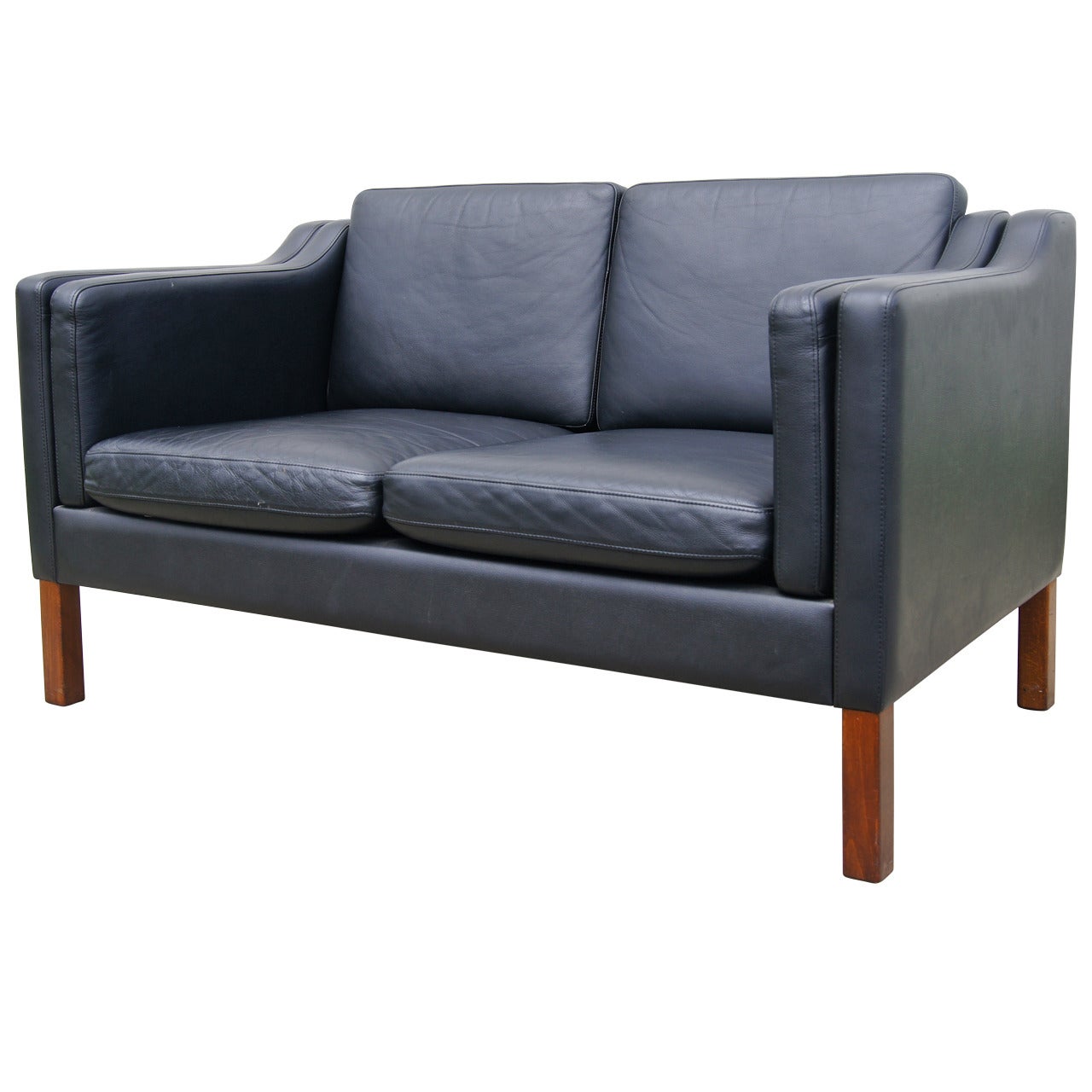 Black Leather Settee in the Style of Børge Mogensen