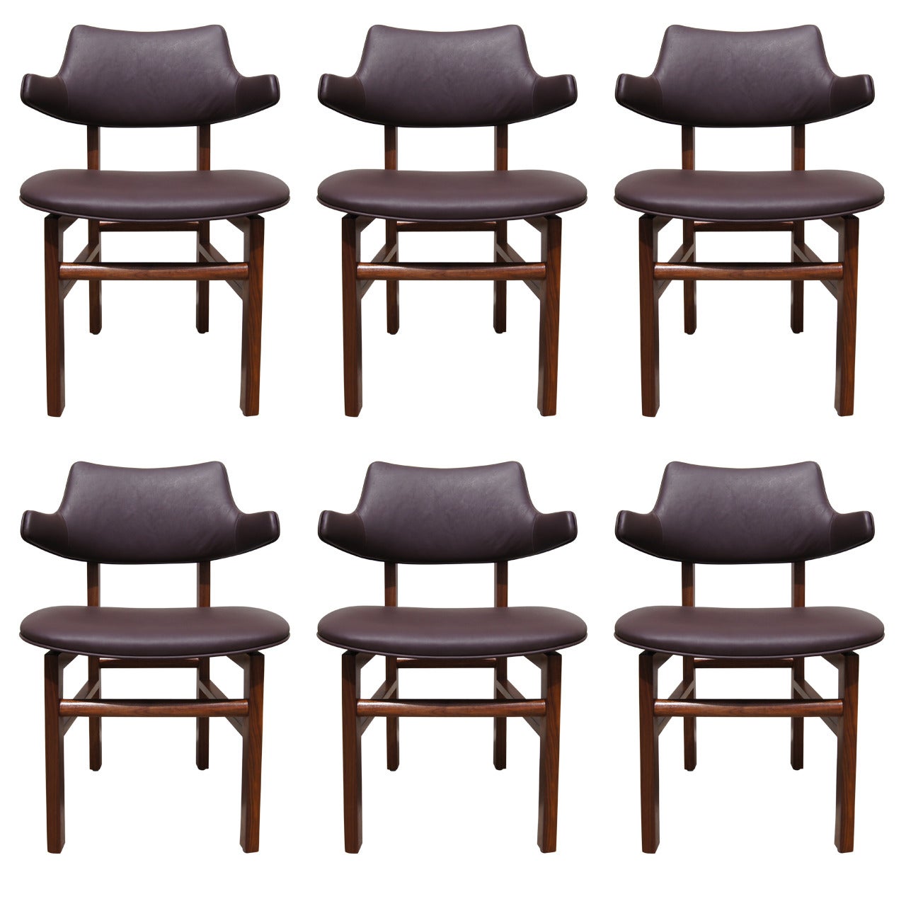 Set of Six Leather and Walnut Dining Chairs by Edward Wormley for Dunbar