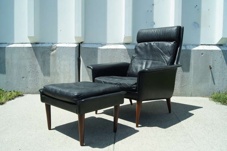 Highback Leather Armchair by Fritz Hansen with Ottoman by Hans Olsen In Excellent Condition In Dorchester, MA