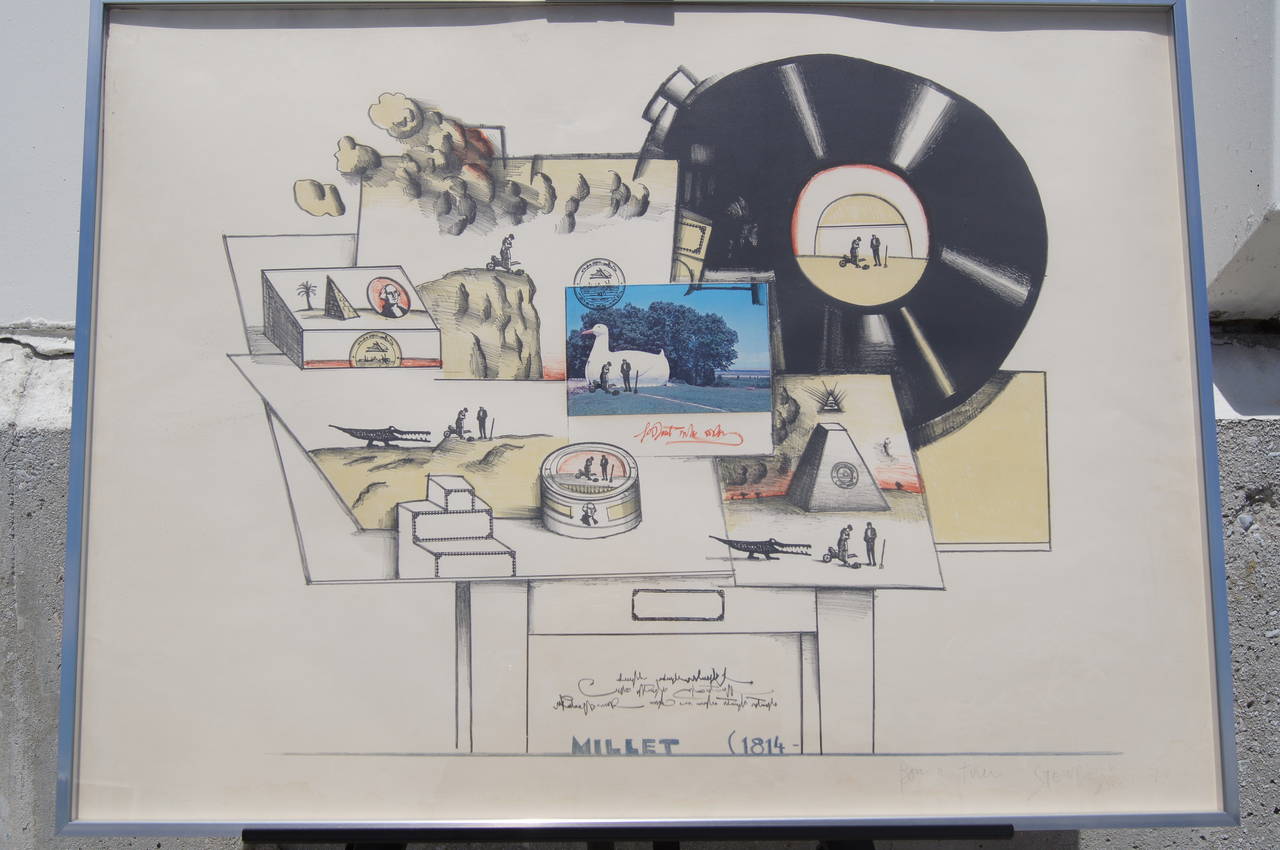 "Millet" by Saul Steinberg is a collage on paper for the lithographic portfolio "Six Drawing Tables." It is signed in pencil "Bon a tirer [ready to print], Steinberg, Dec 1 1970" and has been framed.

We also have