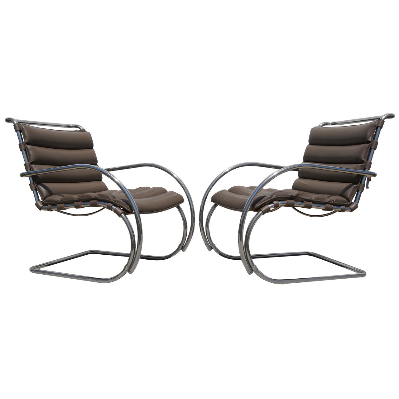 Pair of Brown Leather MR Lounge Armchairs by Mies van der Rohe for Knoll