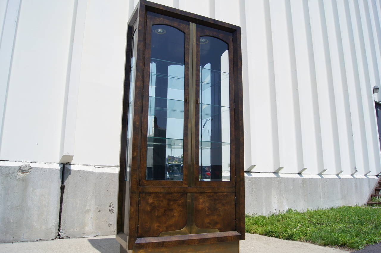Tall Amboyna Wood and Brass Cabinet by William Doezema for Mastercraft In Excellent Condition In Dorchester, MA
