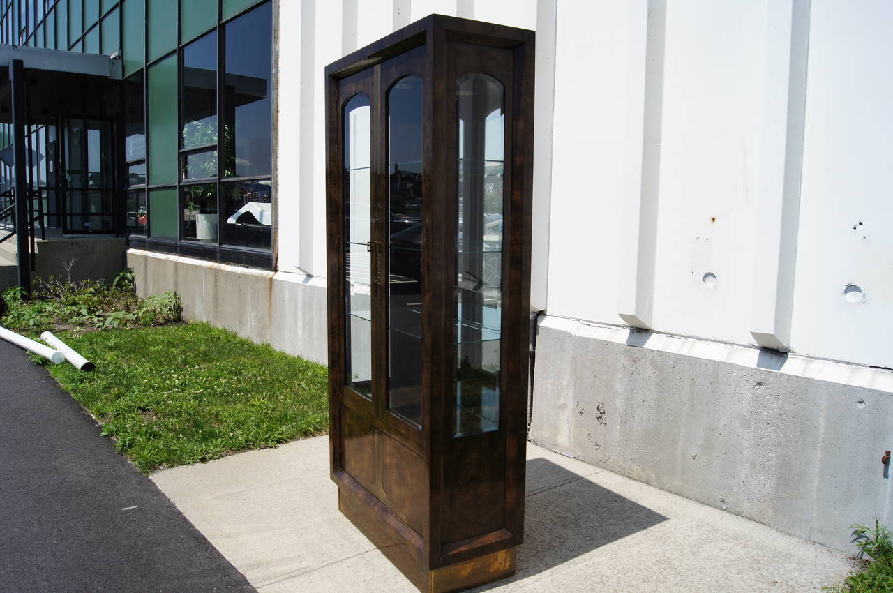 Mid-Century Modern Tall Amboyna Wood and Brass Cabinet by William Doezema for Mastercraft