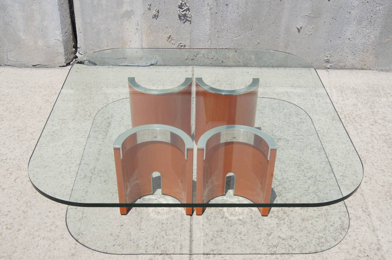 Late 20th Century Glass, Stainless Steel, & Wood Coffee Table by Giovanni Offredi for Saporiti