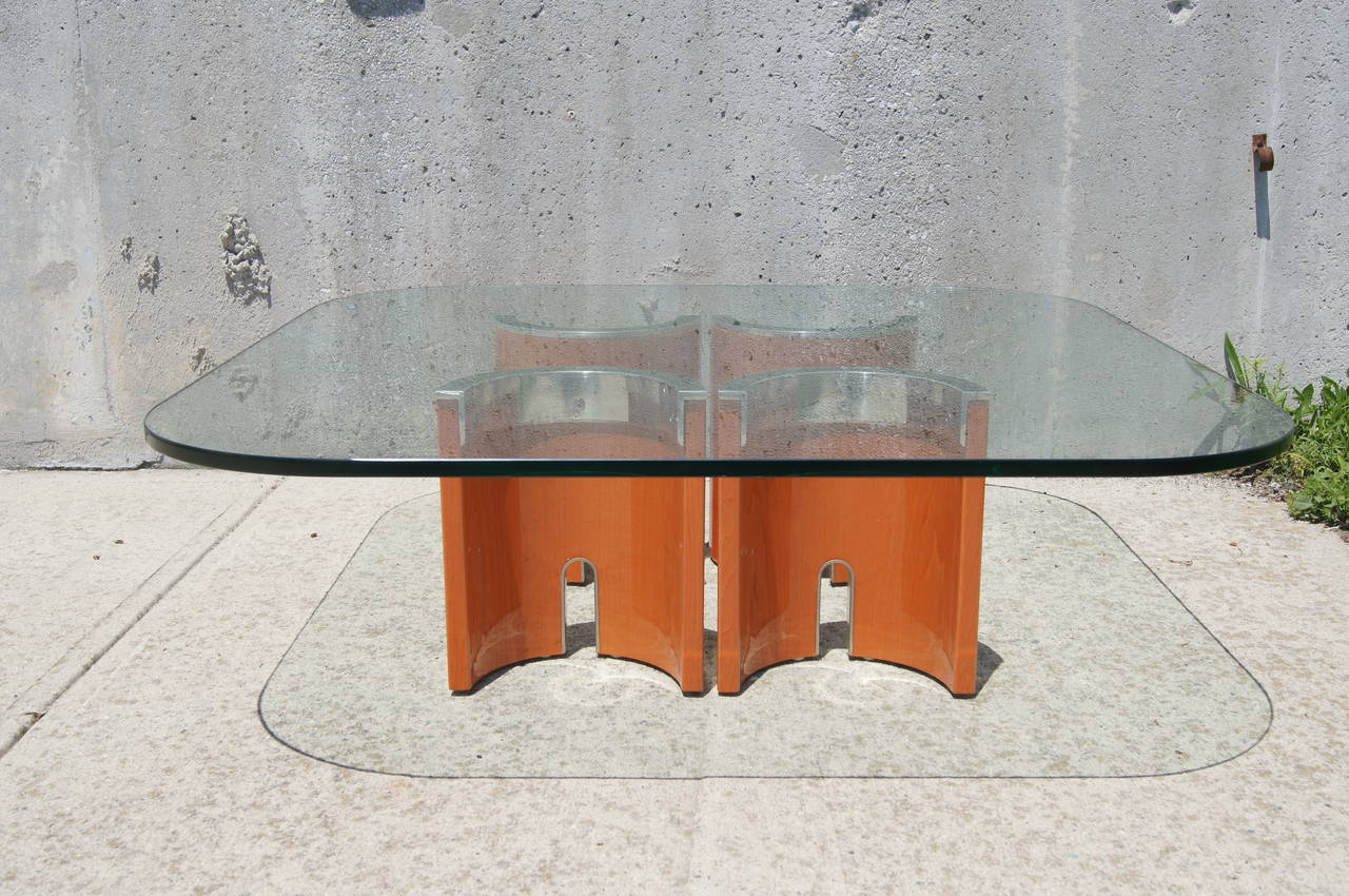 Italian Glass, Stainless Steel, & Wood Coffee Table by Giovanni Offredi for Saporiti