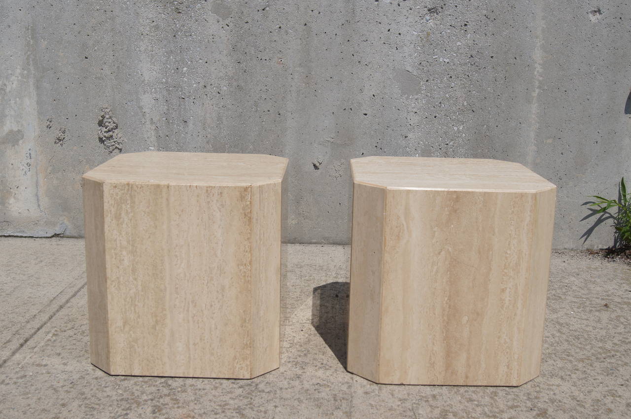 Mid-Century Modern Pair of Travertine Cube Side Tables