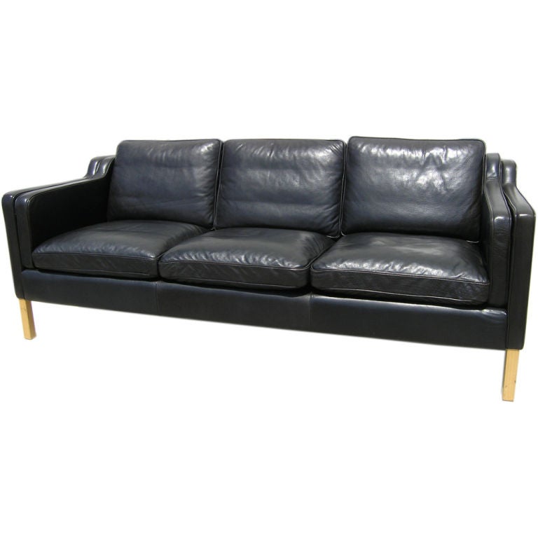 Black Leather Sofa after Borge Mogensen